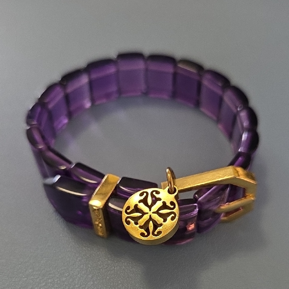 Rustic Cuff Plastic Purple Bracelet with Gold Charm. Faux Buckle